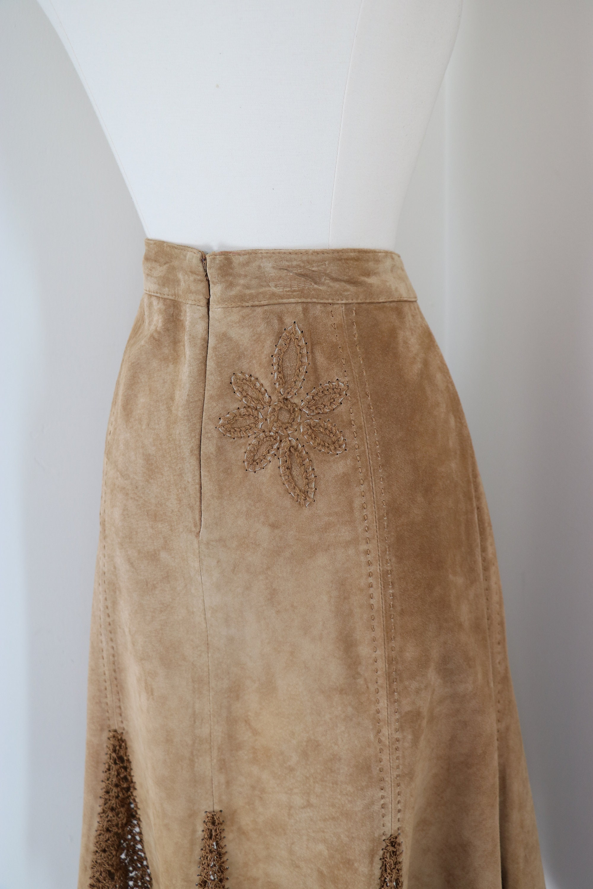 Vintage 90s Does 70s Boho Suede Crochet Skirt Leather - Etsy