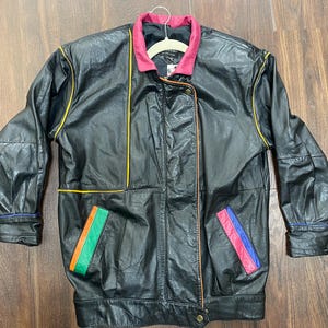 Black Leather Bomber Jacket Rainbow Patchwork Unisex Vintage 1980s PELLE Fall Jacket 80s Rockstar Moto Jacket - S/M
