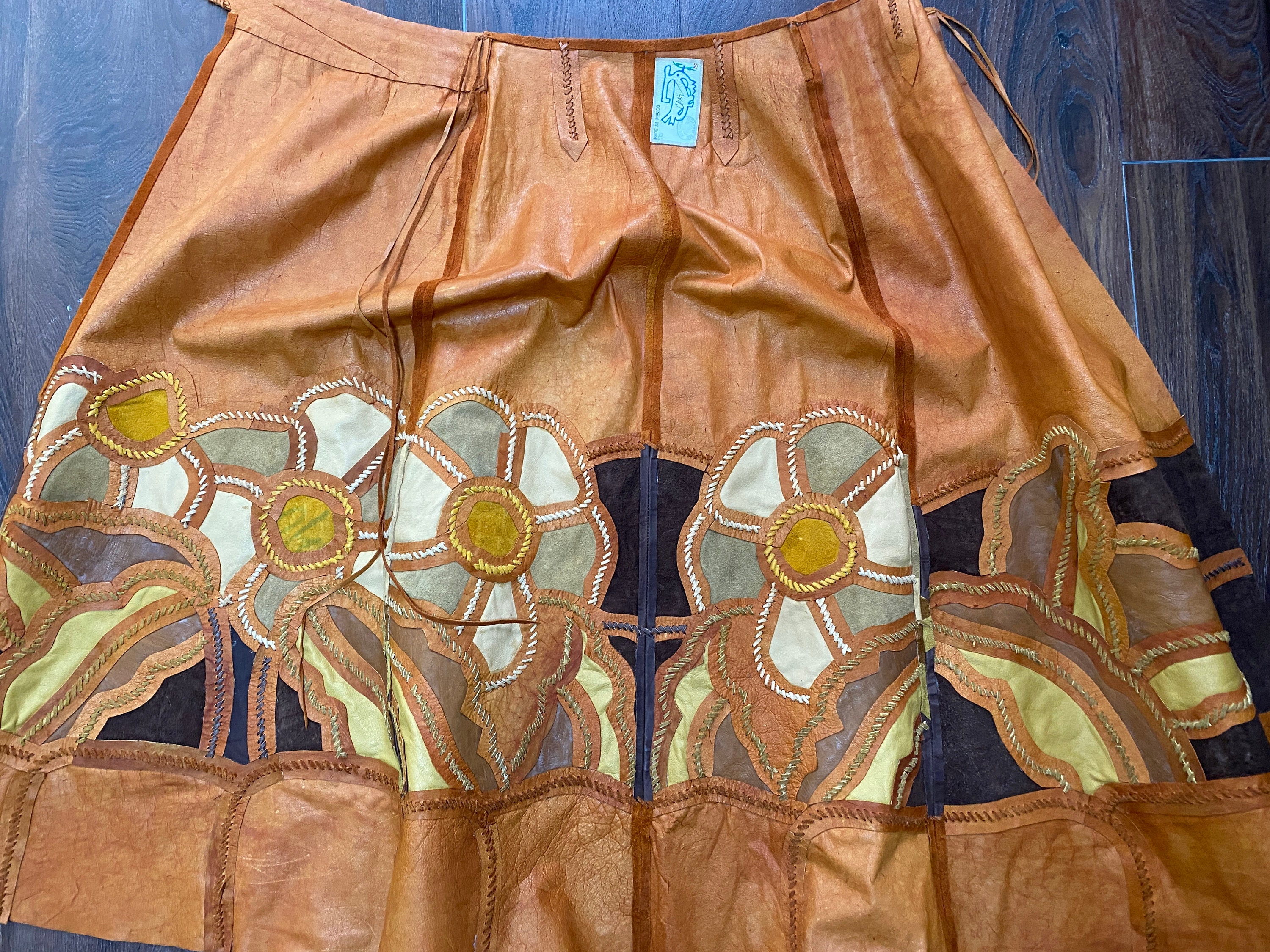 CHAR Designer Leather Patchwork Skirt 1970s Suede Floral