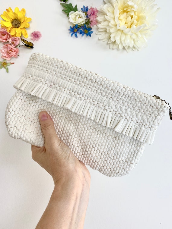 Vintage 1960s White Gold Clutch Purse With Fringe 