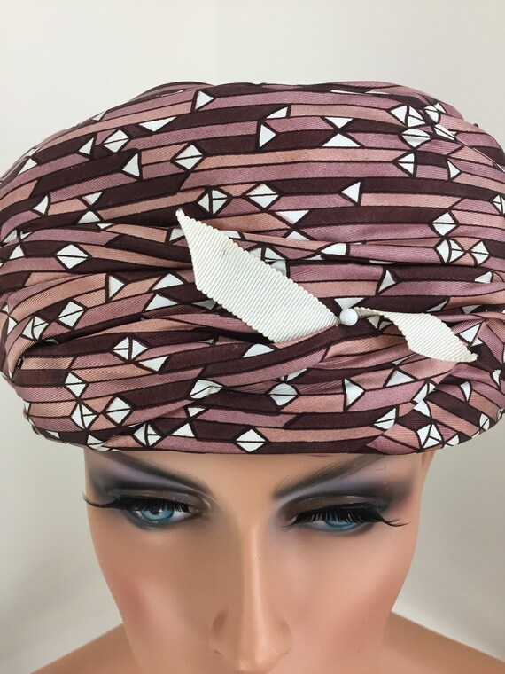 1950s Vintage Brown Pillbox Silk Turban Hat - 50s… - image 2