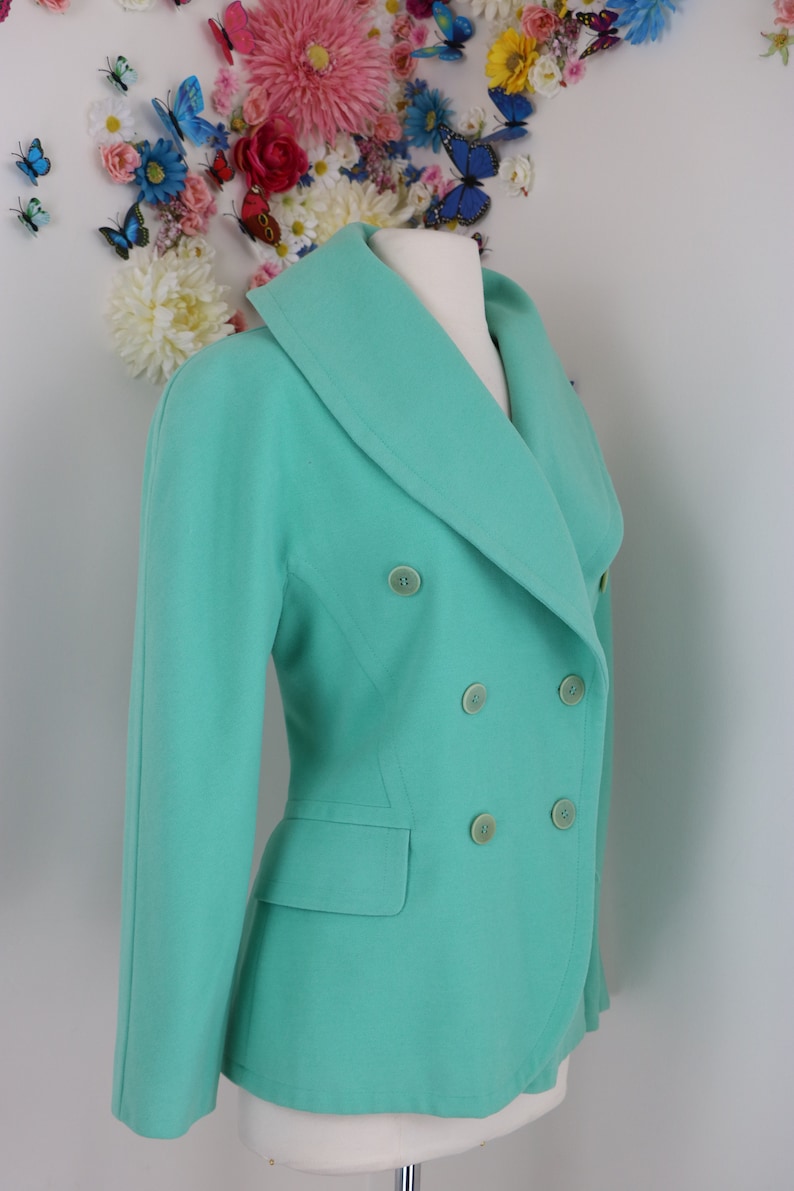 1980s Vintage ESCADA Designer Blazer Double Breasted Jacket Pastel Mint Green Angora Wool Cashgora 38 EU S/M US Classic Timeless image 4