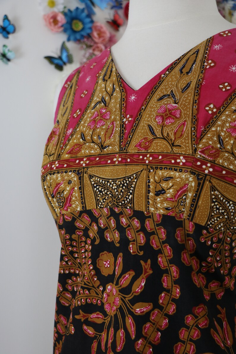 Graphic Print Hippie Boho Vintage 60s Indian Batik Maxi Cotton Dress Summer Spring XSS 28 Waist 32 Bust Sleeveless Midi