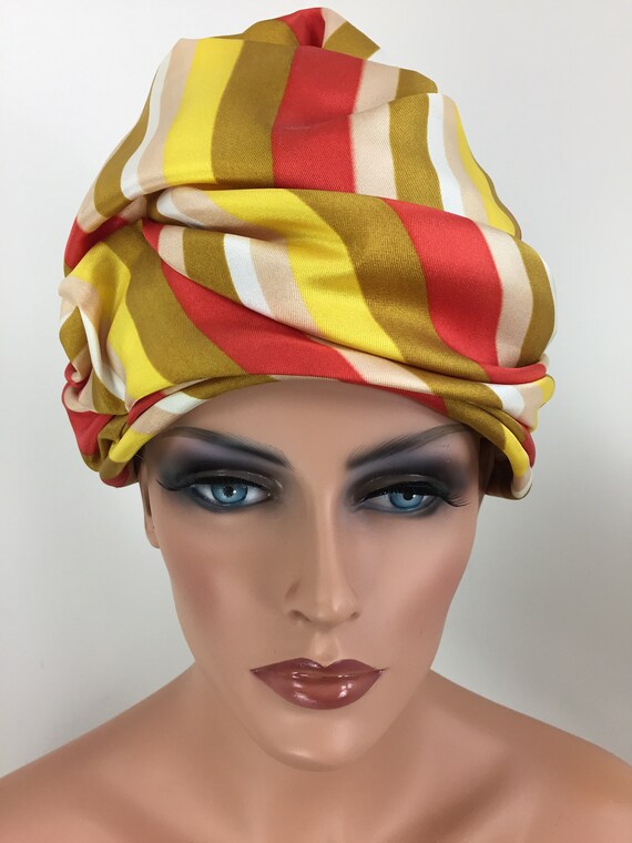 Vintage Mod Striped Silk Turban Hat - Silk Wrap Tu