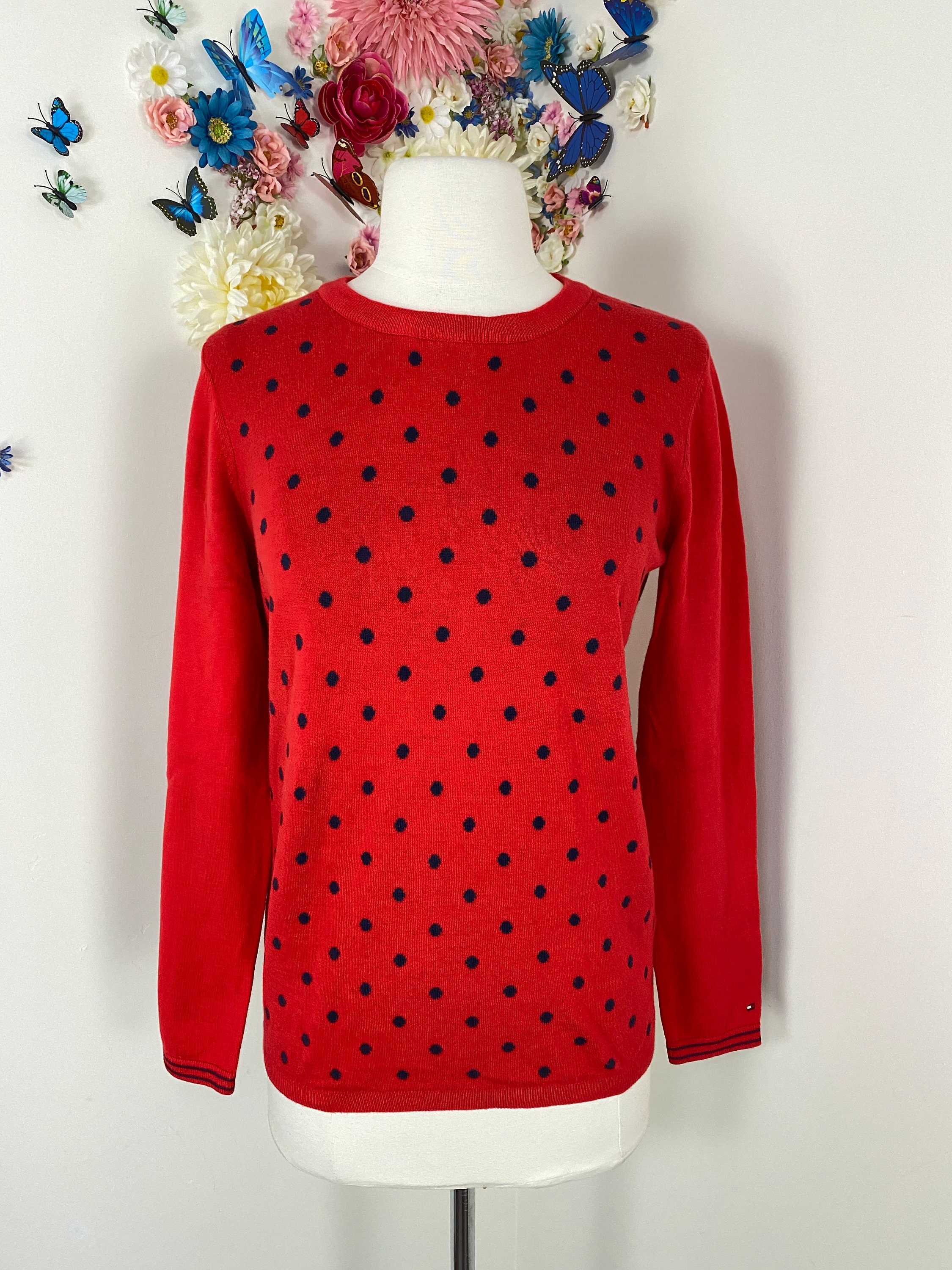 Polka Dot Cotton Pullover Sweater by TOMMY HILFIGER Y2K Long Sleeve Jumper Red Blue Polkadot Retro Preppy Mod Sweater Medium Etsy