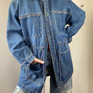 Denim Chore Jacket Vintage 1980s Oversized JEAN BLUE Jean Jacket 80s Long Denim Jacket Casual Jean Jacket Every Day Streetwear Denim - M/L