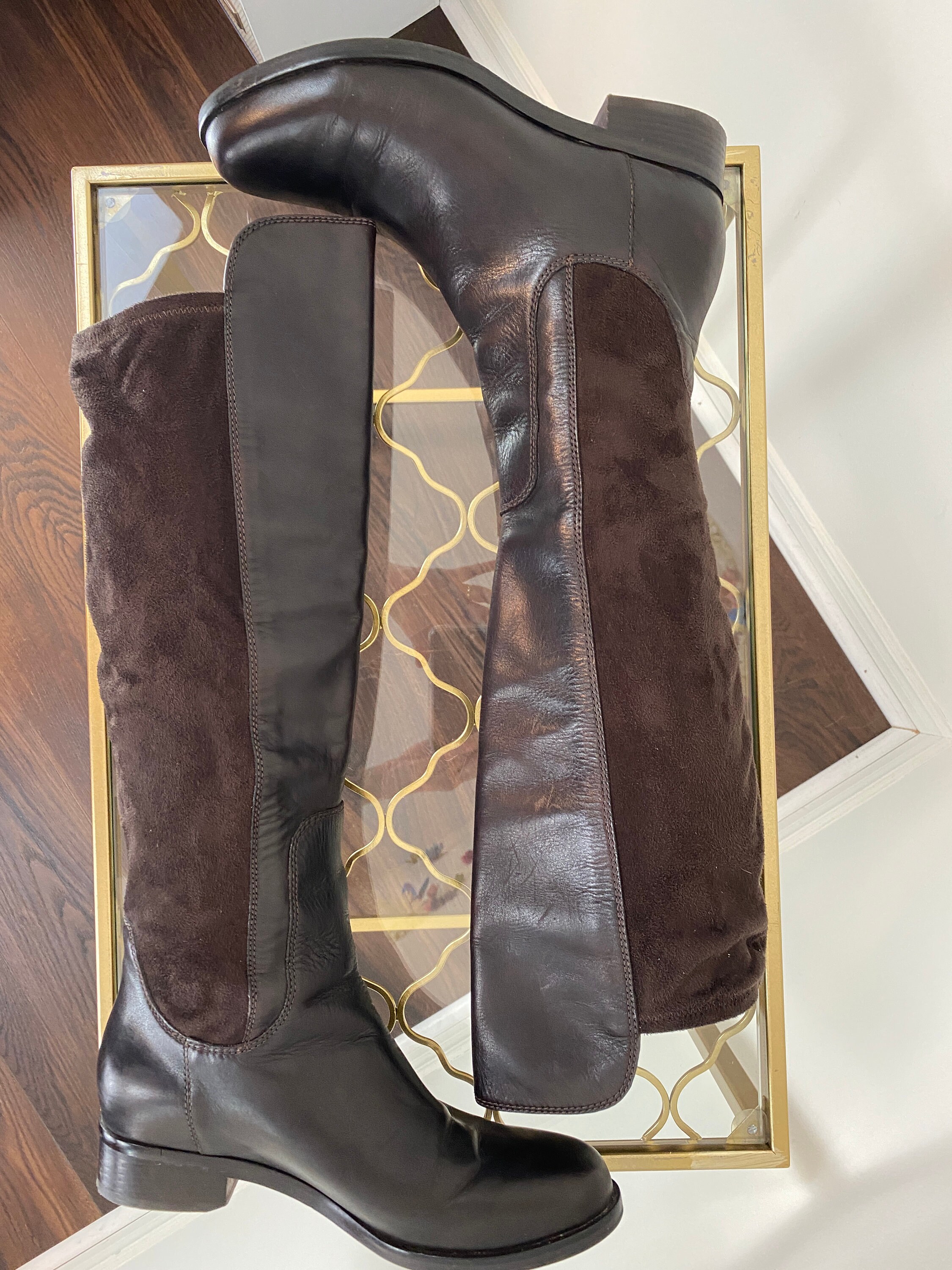 COLE HAAN Boots Brown OTK Leather Stretch Faux Suede COLE HAAN Boots Brown OTK Leather Stretch Faux Suede