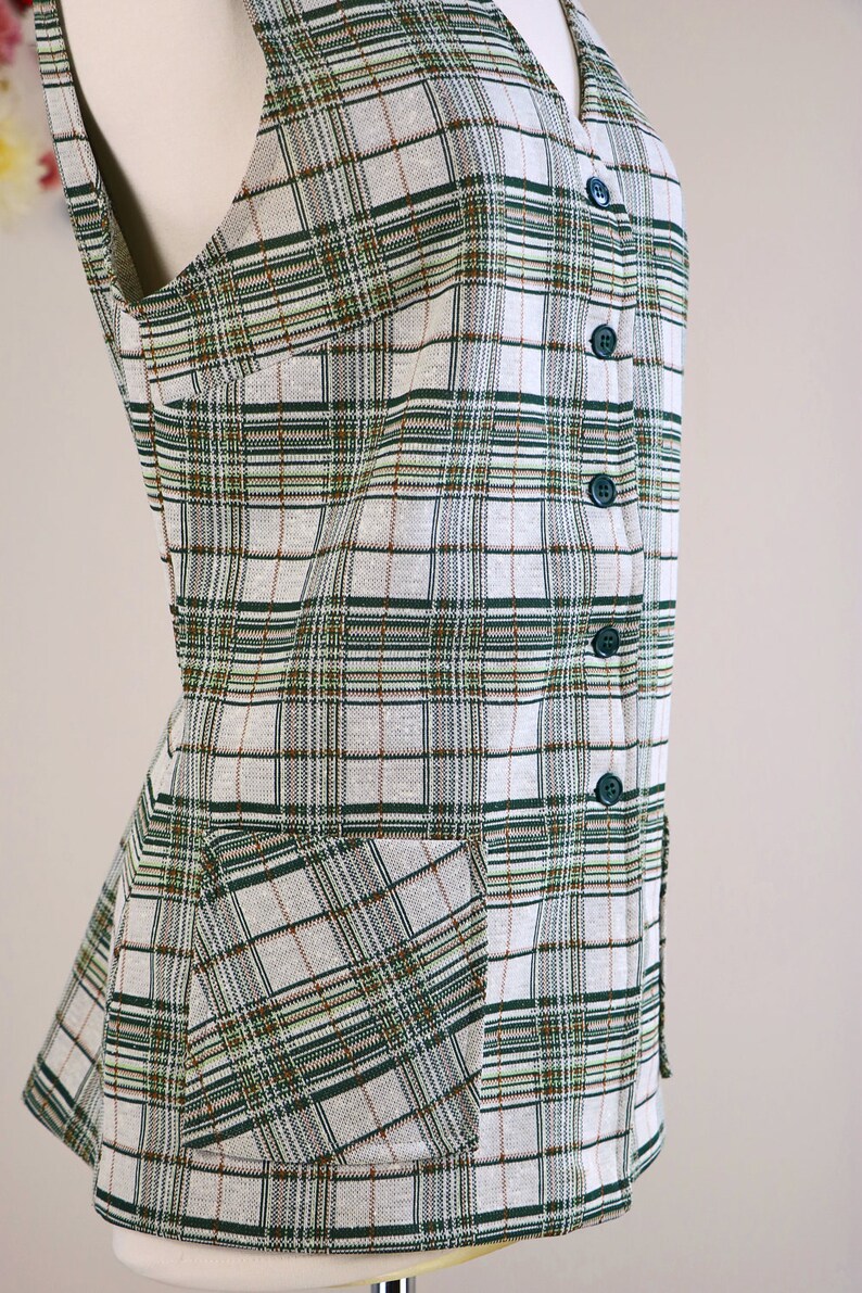 Cuffed Hem Button Up Vest 1970s Plaid Pantsuit Vintage Two Piece Leisure Suit Pockets Wide Leg LargeExtra Large Sewn In Seam