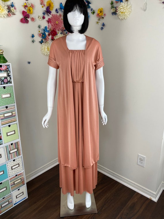 70s Dusty Rose Peach Maxi Dress With Duster Jacke… - image 1