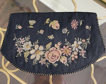 20s Antique Petit Point Needlework Tapestry Clutch Purse, Embroidered Roses Handbag, Evening Bag, Belt Purse, Mini Clutch