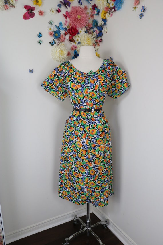 70s 80s Floral Summer Day Dress With Pockets - Vin