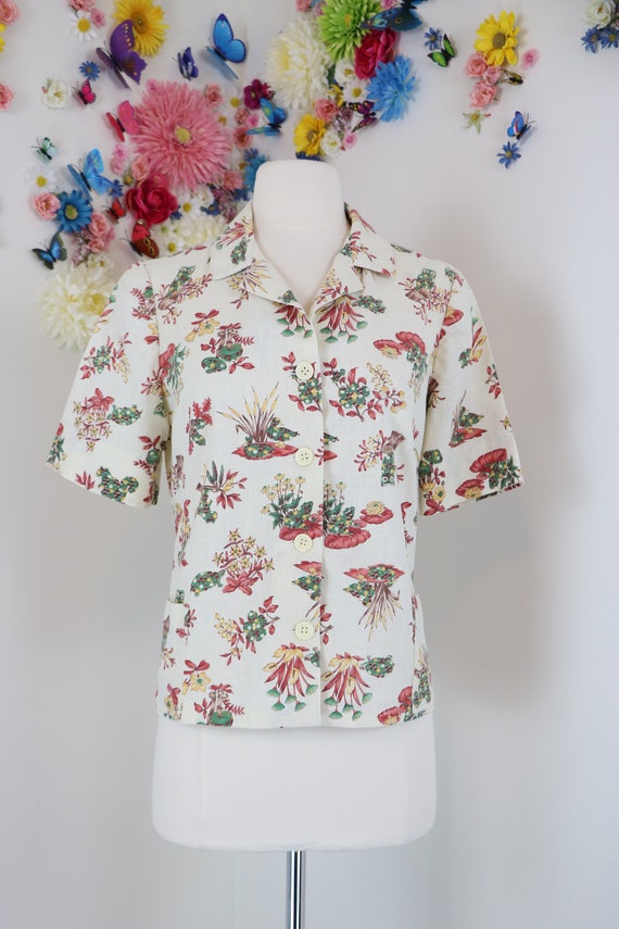 1940s Shirt - Novelty Print Top - Garden Creatures