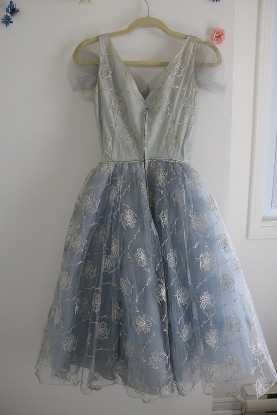 Vintage 1950s Tulle Tea Dress - Grey Blue Silver … - image 7