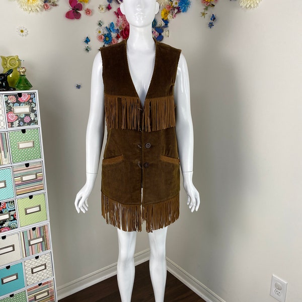 Vintage 60s 70s Fringed Corduroy OUT O'GLOUCESTER Mighty-Mac Vest - Vintage Brown Fringe Boho Hippie Music Festival Vest - M/L