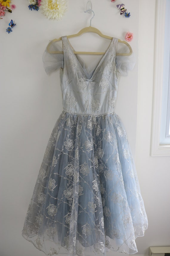 Vintage 1950s Tulle Tea Dress - Grey Blue Silver … - image 3