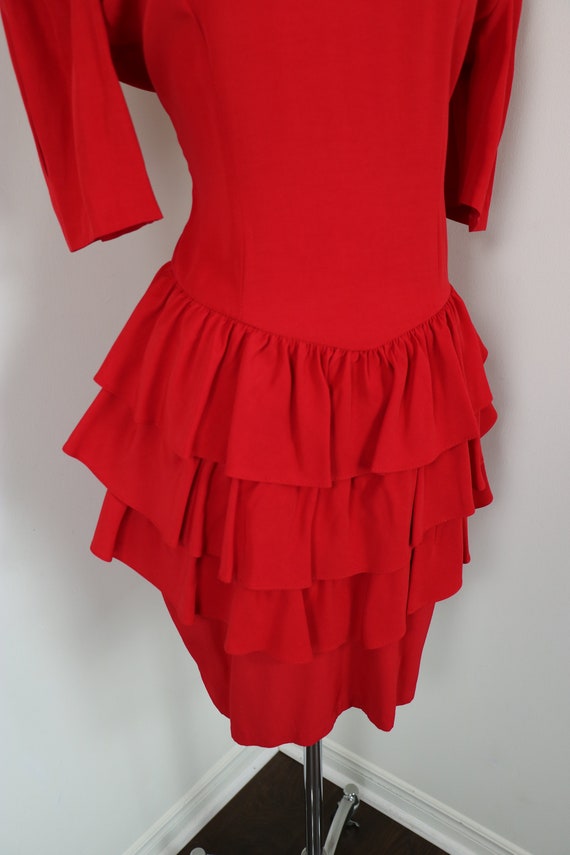 80s Tiered Ruffle Red Dress - Vintage 1980s CREME… - image 3