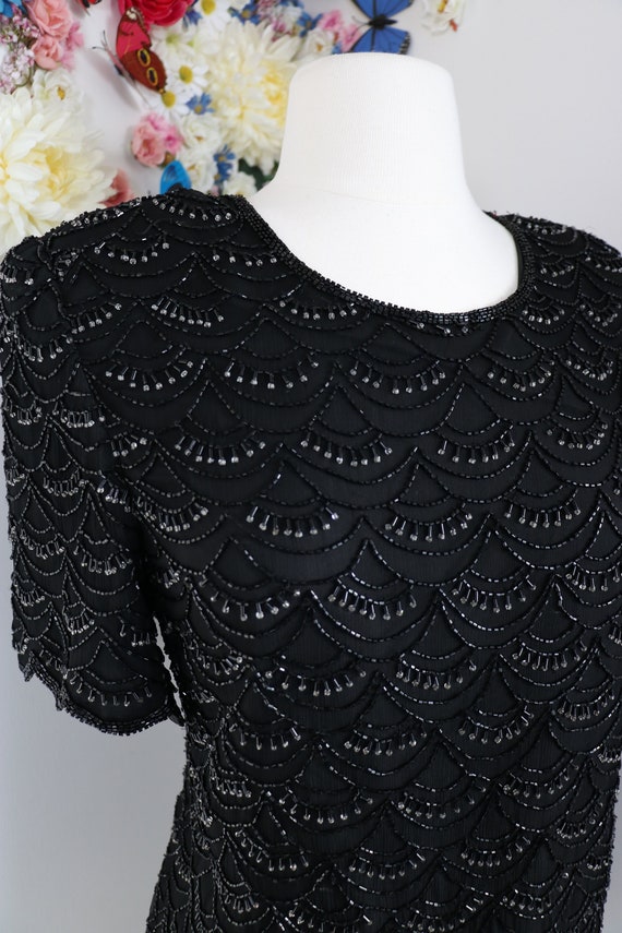 80s Beaded Black Evening Blouse Top - Vintage 198… - image 3