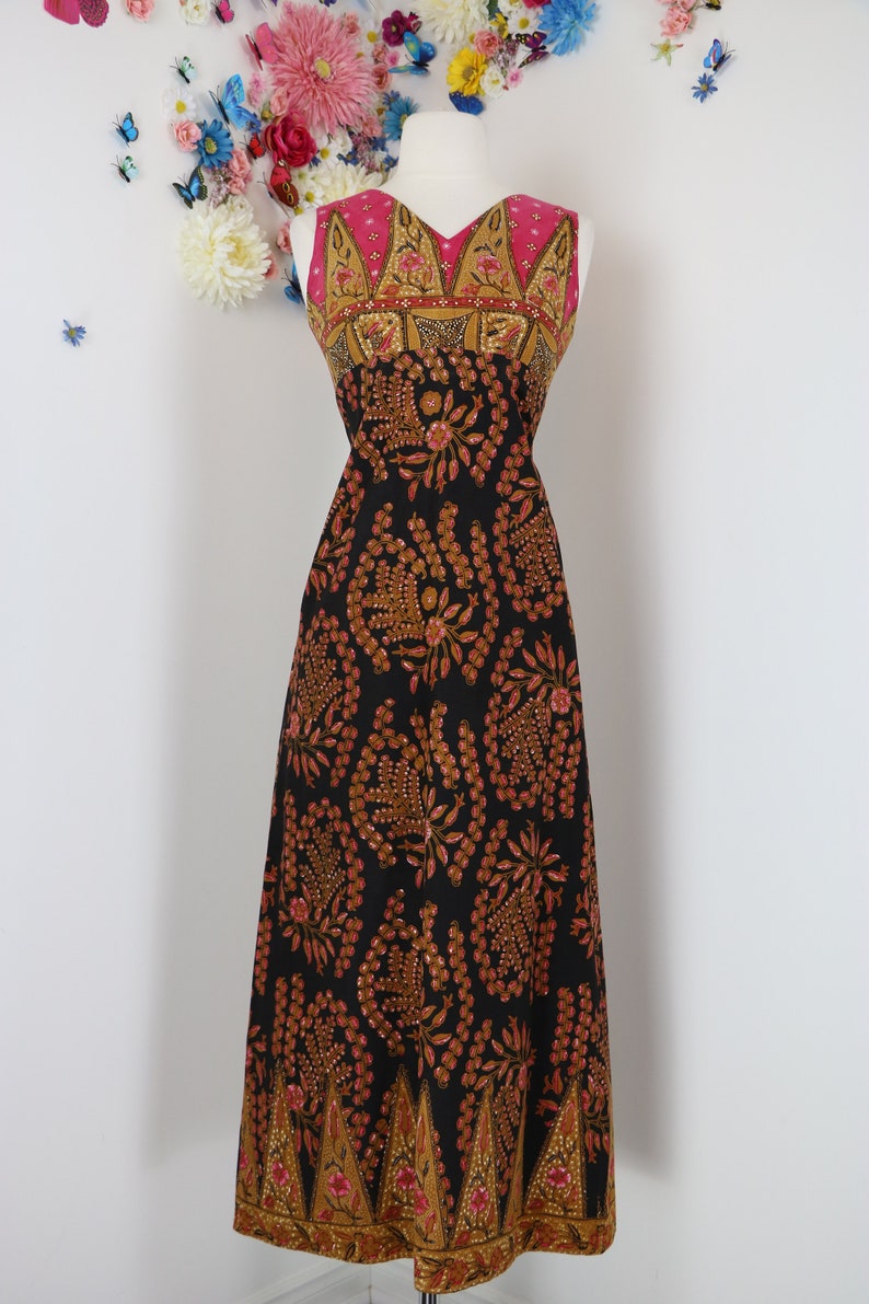 Graphic Print Hippie Boho Vintage 60s Indian Batik Maxi Cotton Dress Summer Spring XSS 28 Waist 32 Bust Sleeveless Midi