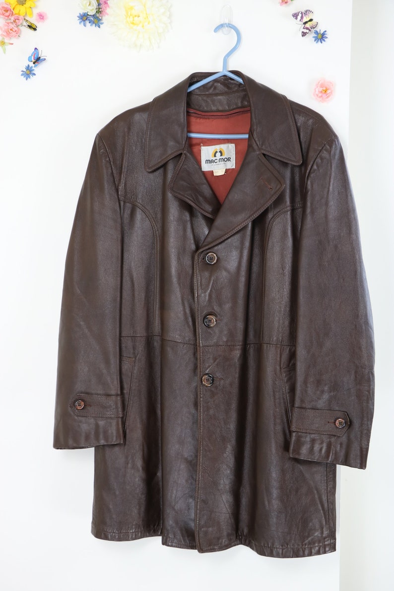 1970s Vintage Brown Leather Jacket Coat Large Xl Mens 46 Mid Length Fall Winter Classic Retro Hipster