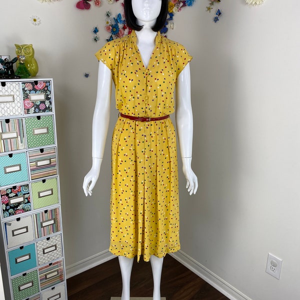 Vintage 80s Does 40s Polka Dot Secretary Day Dress - 1940s Style ANDY'S Pleated Midi Summer Dress - S/M