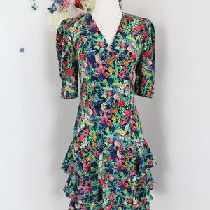 Vintage 80s Does 30s Floral Day Dress CLOCK HOUSE Drop Waist Tiered Ruffle Hem Skirt With Puff Shoulders S/M image 4