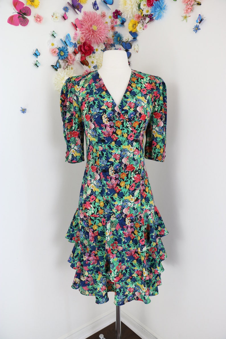 Vintage 80s Does 30s Floral Day Dress CLOCK HOUSE Drop Waist Tiered Ruffle Hem Skirt With Puff Shoulders S/M image 4