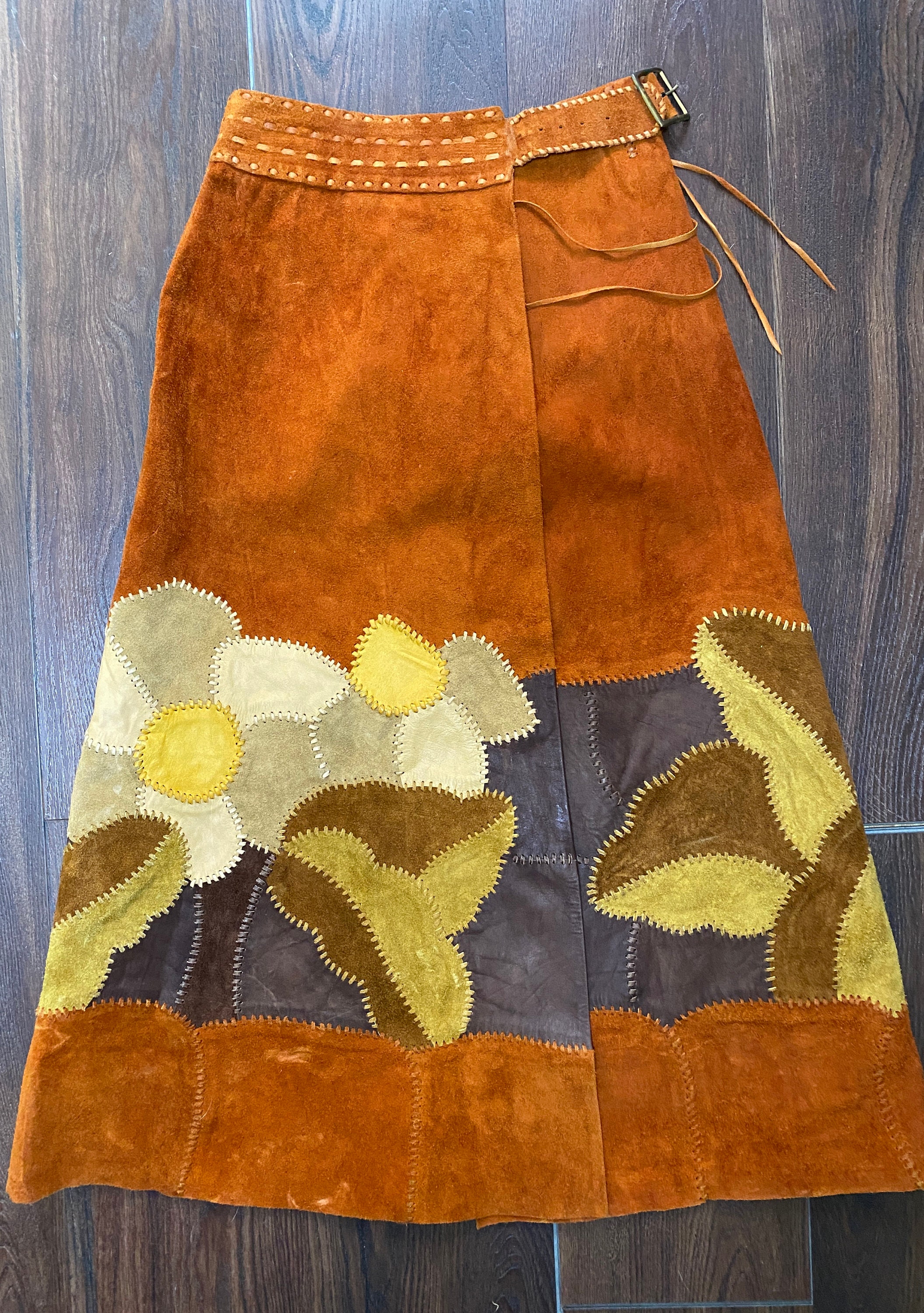 70s Char Suede Patchwork Wrap Skirt - 1970s Floral Pieced