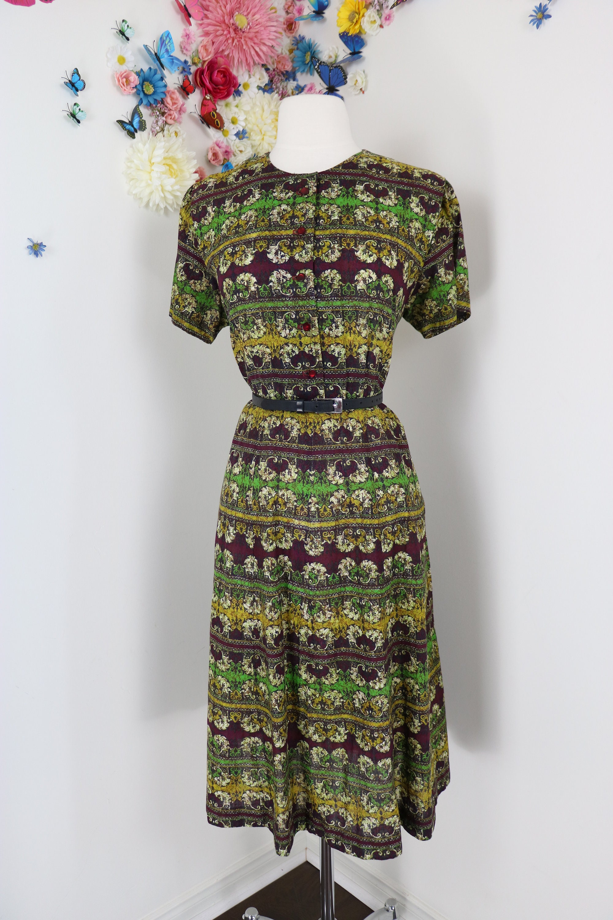 Vintage 40s 50s Cotton Batik Shirt Dress Block Print Fit & | Etsy