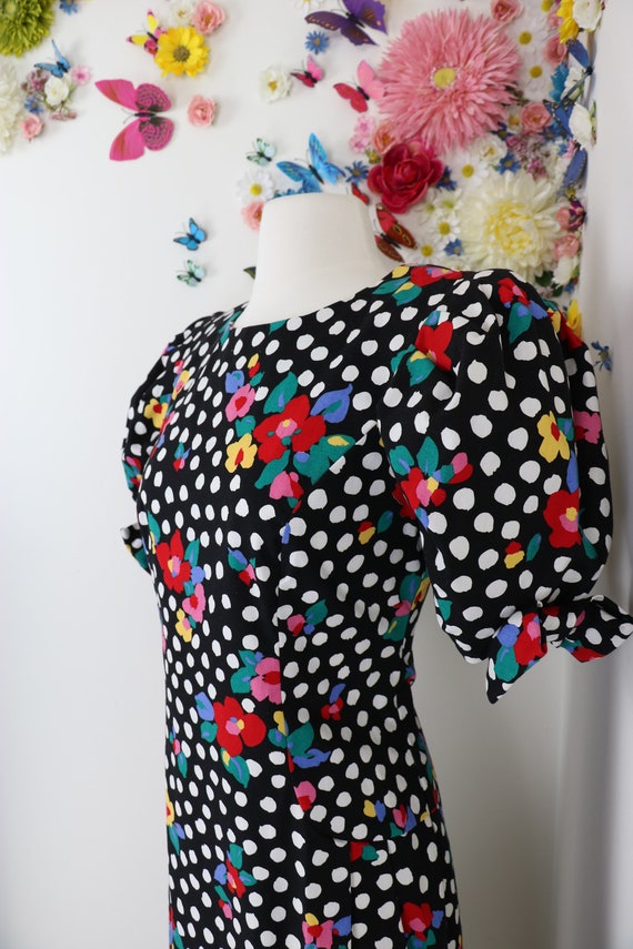 Black and white dress with abstract prints and florals Japanese Vintage Floral dress Polka dot dress Long sleeves Size S-M