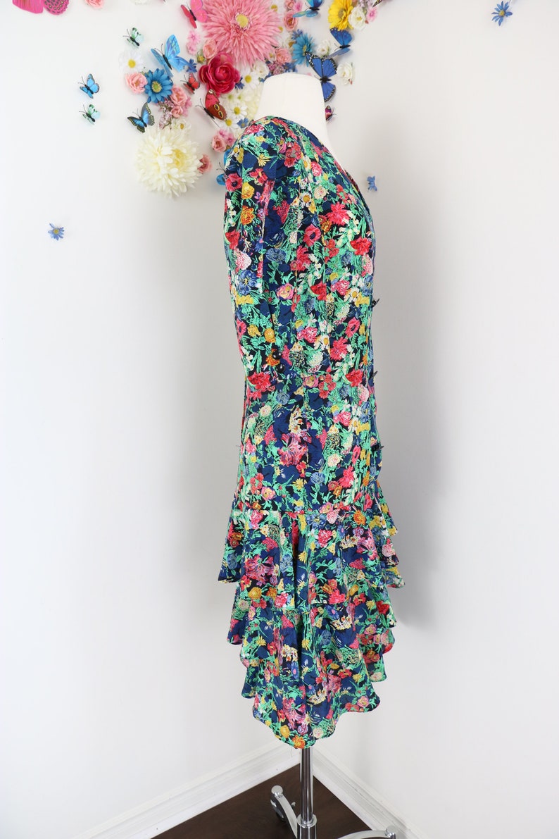 Vintage 80s Does 30s Floral Day Dress CLOCK HOUSE Drop Waist Tiered Ruffle Hem Skirt With Puff Shoulders S/M image 8