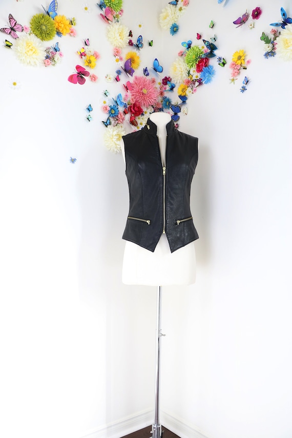1990s Vintage Black Leather Vest - Fitted Motorcyc