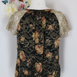 Y2K ANTHROPOLOGIE Silk Floral Lace Blouse Top Romantic Gold Metallic Evening Party Elegant Date Night Top - S/M imagen 9