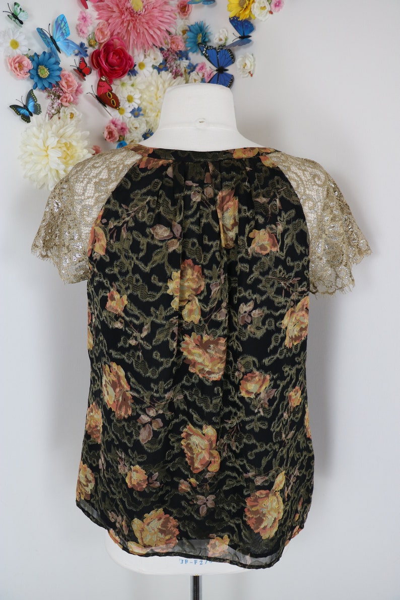 Y2K ANTHROPOLOGIE Silk Floral Lace Blouse Top Romantic Gold Metallic Evening Party Elegant Date Night Top - S/M imagen 9