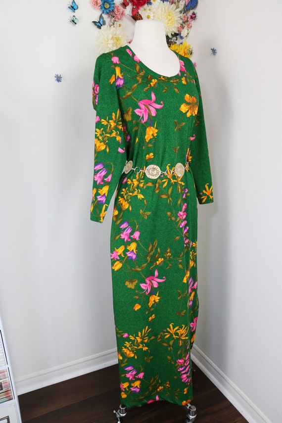70s Floral Maxi Dress - Vintage 1970s KAYSER Green Dr… - Gem