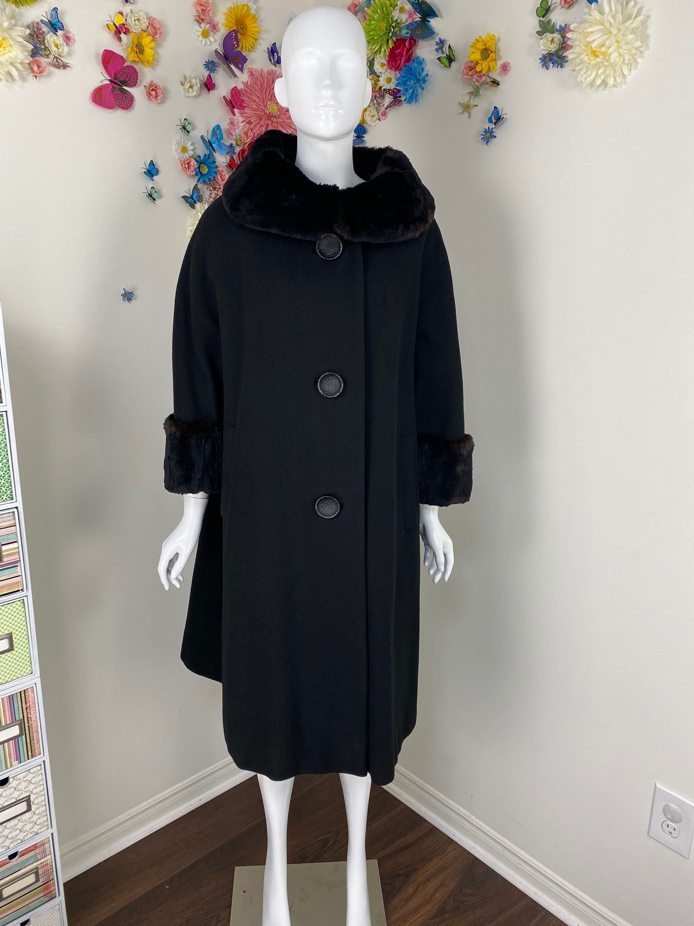 Vintage Black Fur Trim Trapeze Coat LOU LARRY 1950s 1960s