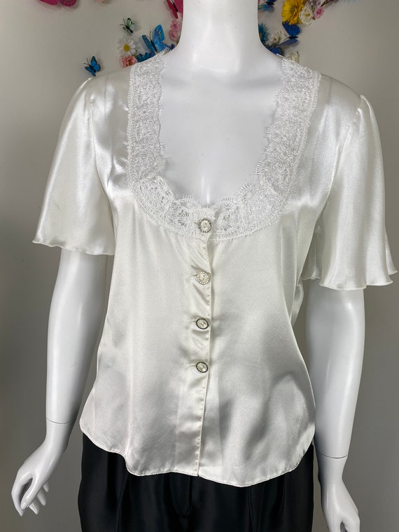 80s PIERRE CARDIN White Blouse With Lace Trim And… - image 2