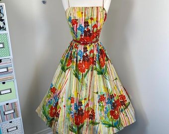 Vintage Rainbow Silk Dress Floral Fit & Flare 50s Spaghetti Strap Dress Summer Garden Wedding Evening Patio Party High Tea Picnic Dress - S