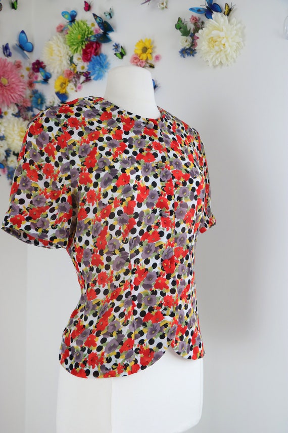 80s Does 1940s Blouse - Polkadot Floral Top - Sho… - image 2