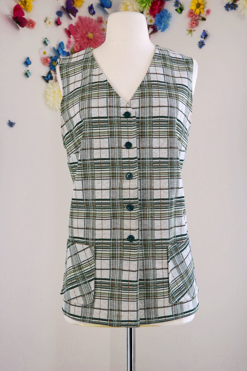 Cuffed Hem Button Up Vest 1970s Plaid Pantsuit Vintage Two Piece Leisure Suit Pockets Wide Leg LargeExtra Large Sewn In Seam
