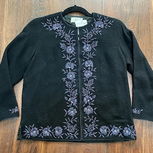 Vintage Black Blue Beaded Cardigan Sweater Wool Jumper Floral Beaded Embellished Statement Evening Sweater Gifts For Her - M