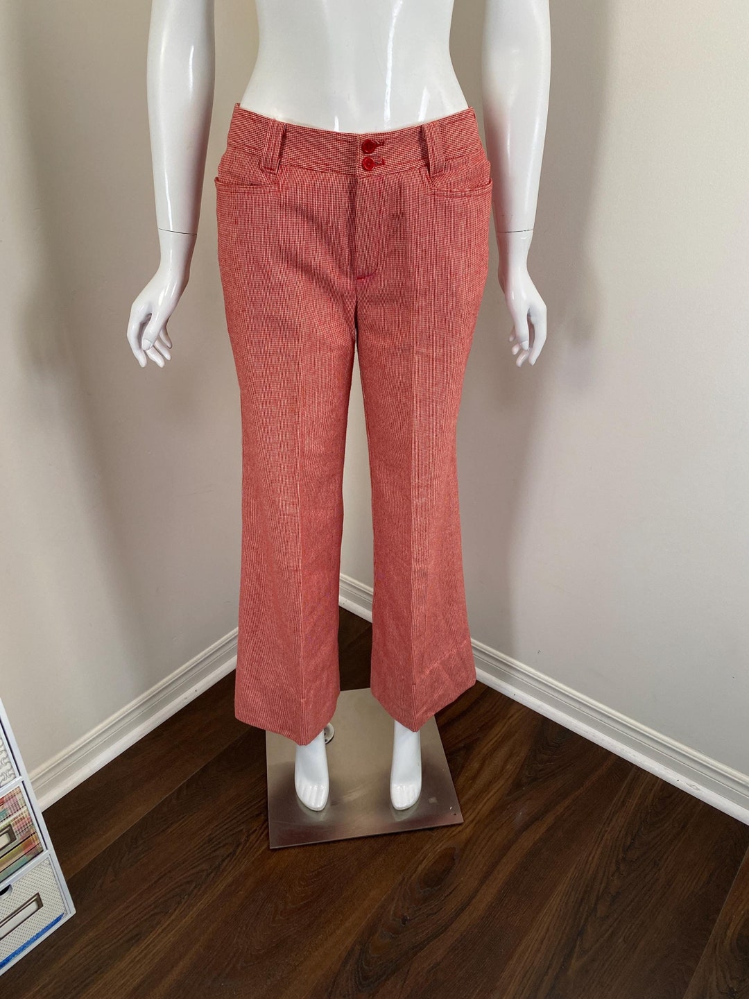 Vintage Gingham Trousers Mustard Yellow Check Pants High Waisted Plaid Tapered S-XS