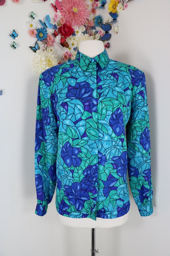 Vintage 80s Blue Abstract Stained Glass Blouse - V
