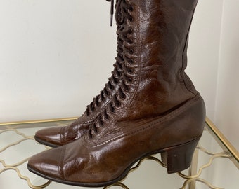 Edwardian Lace Up Granny Boots - Antique Brown Leather Steampunk Booties - Victorian Lace Up Boots - 5.5-6 US - 2\