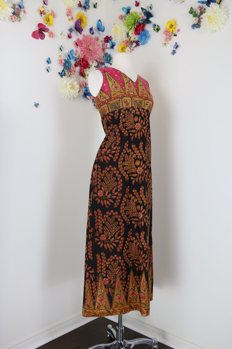 Graphic Print Hippie Boho Vintage 60s Indian Batik Maxi Cotton Dress Summer Spring XSS 28 Waist 32 Bust Sleeveless Midi