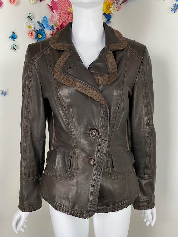 Patchwork Leather Jacket Y2K Dark Brown Fall Jack… - image 3