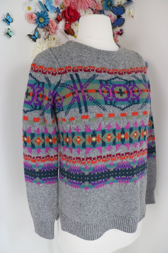 90s CHAPS Fair Isle Knit Sweater Grey & Rainbow - 