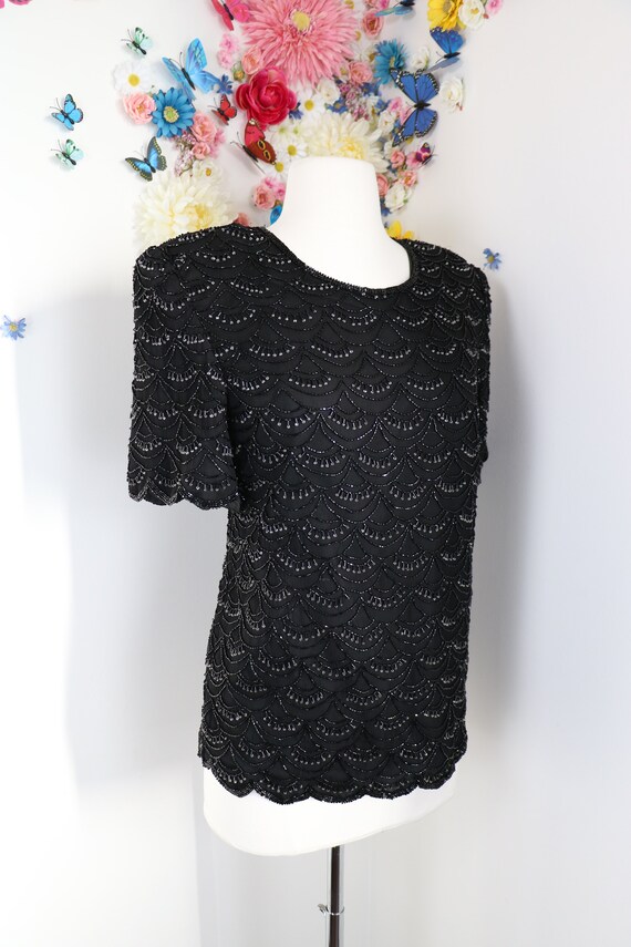 80s Beaded Black Evening Blouse Top - Vintage 198… - image 4