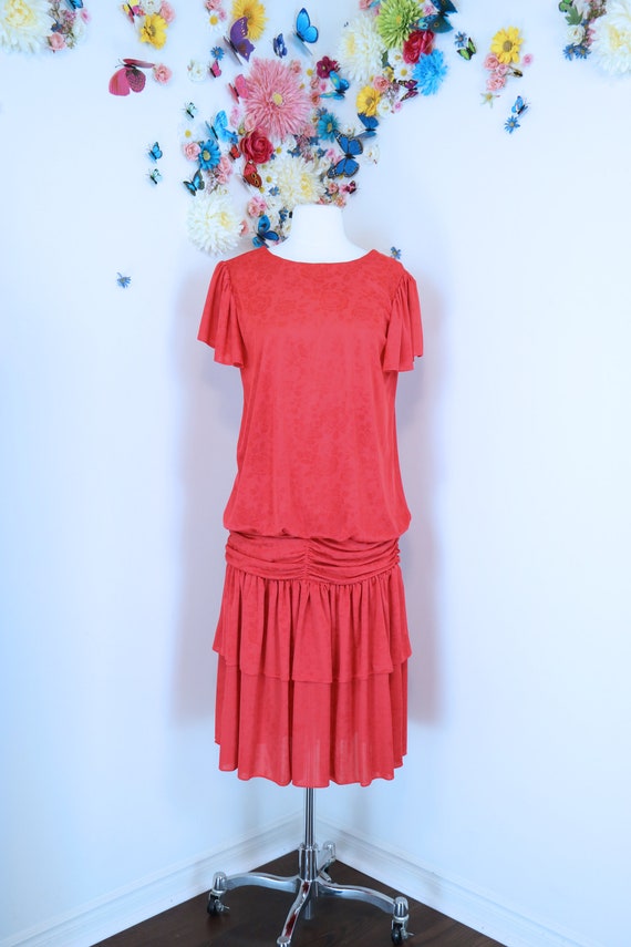 Vintage 1980s does 1920s Red Floral Flapper Dress