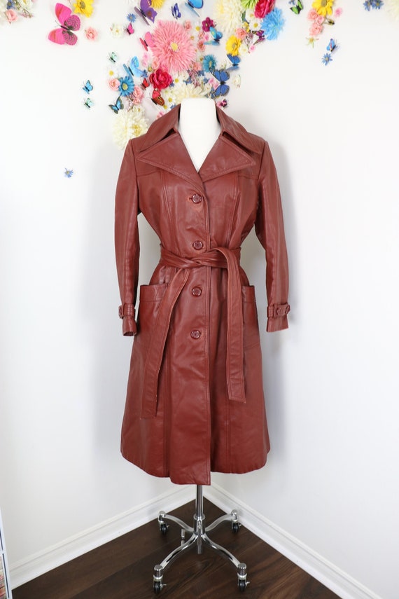 70s Burgundy Leather Trench Coat With Belt 1970s Vintage Long
