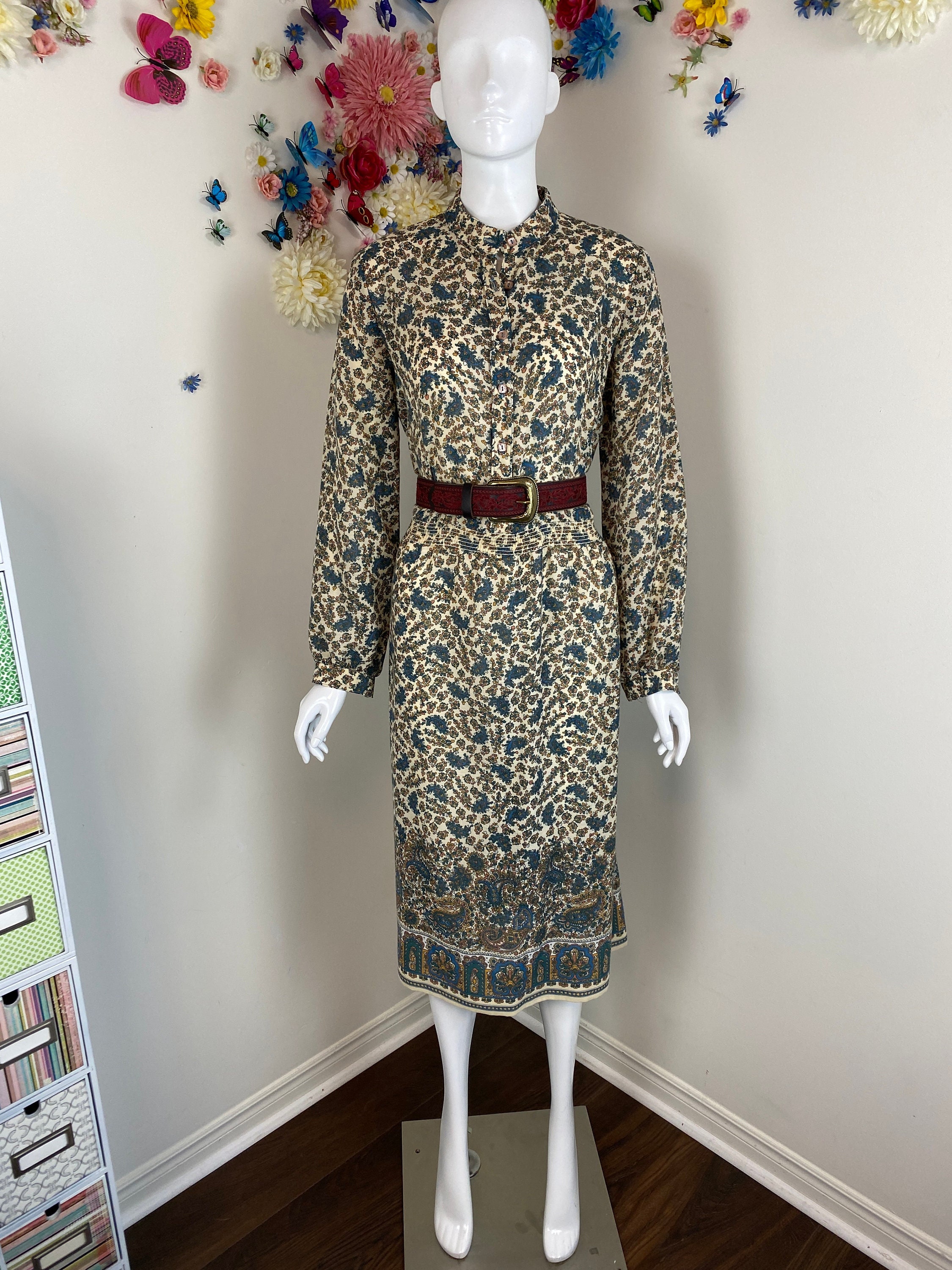 Boho Floral Dress Vintage 1970s Cotton Summer Dress Country Western Dress Prairie Cottagecore Dress Modest Midi Dress - XS/S
